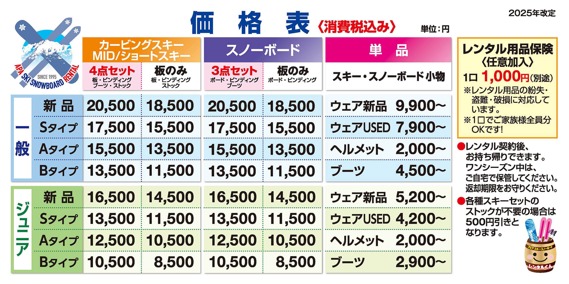 アピアスキースノーボードシーズンレンタル店頭渡しでの価格表